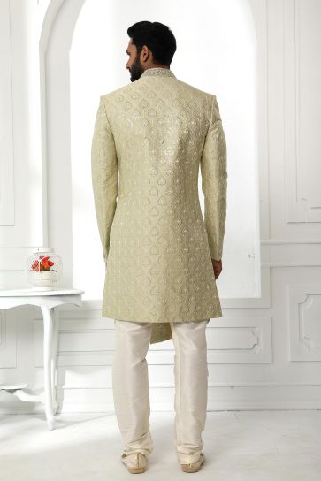 Intriguing Green Color Wedding Wear Readymade Sherwani For Men In Art Silk Fabric