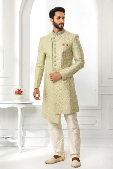 Intriguing Green Color Wedding Wear Readymade Sherwani For Men In Art Silk Fabric