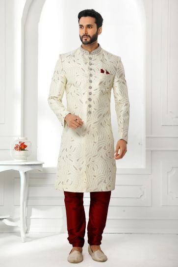 Readymade Cream Color Art Silk Fabric Wedding Wear Royal Sherwani For Men