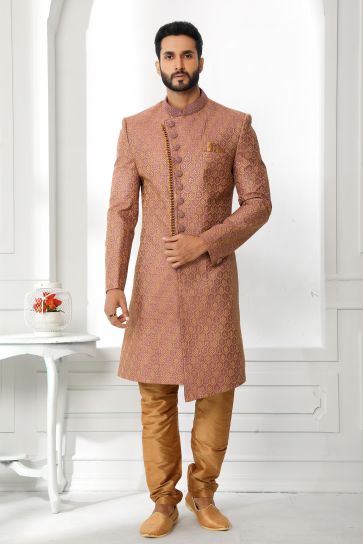 Pink Color Wedding Wear Readymade Provocative Sherwani For Men In Art Silk Fabric