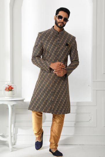 Captivating Art Silk Fabric Wedding Wear Stylish Sherwani For Men In Navy Blue Color