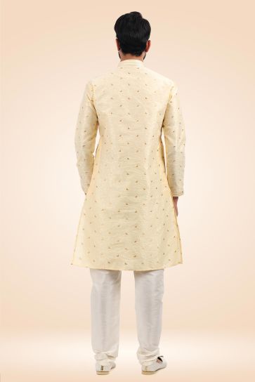 Cream Color Jacquard Banarasi Silk Fabric Readymade Kurta Pyjama For Men