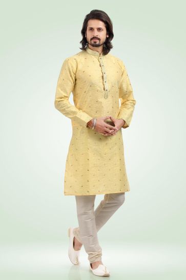 Jacquard Banarasi Silk Fabric Yellow Color Readymade Kurta Pyjama For Men