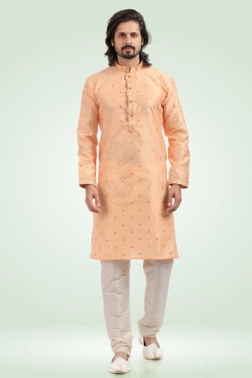Jacquard Banarasi Silk Fabric Peach Color Trendy Readymade Men Kurta Pyjama