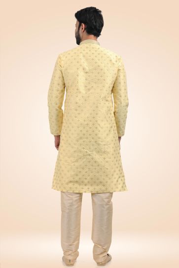 Yellow Color Jacquard Banarasi Silk Fabric Designer Readymade Kurta Pyjama For Men