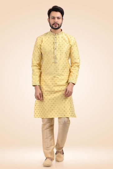 Yellow Color Jacquard Banarasi Silk Fabric Designer Readymade Kurta Pyjama For Men