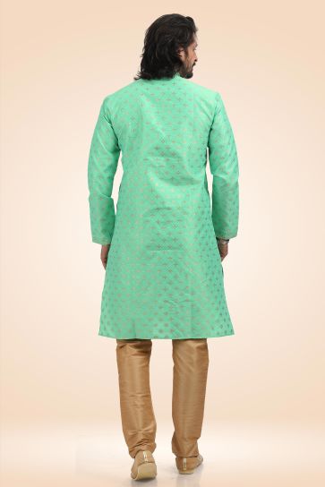 Sea Green Color Engaging Jacquard Banarasi Silk Fabric Readymade Kurta Pyjama For Men