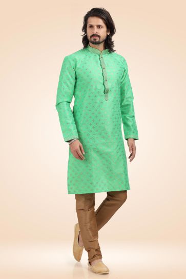 Sea Green Color Engaging Jacquard Banarasi Silk Fabric Readymade Kurta Pyjama For Men