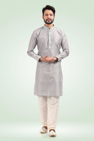 Grey Color Jacquard Banarasi Silk Fabric Captivating Readymade Kurta Pyjama For Men