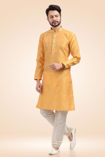 Fetching Orange Color Jacquard Banarasi Silk Fabric Readymade Kurta Pyjama For Men