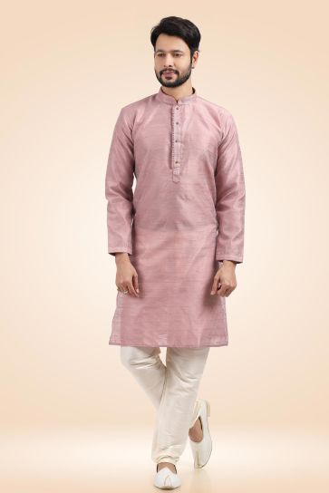 Pink Color Jacquard Banarasi Silk Fabric Striking Readymade Kurta Pyjama For Men