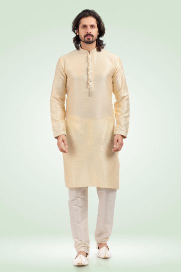 Beige Color Stunning Jacquard Banarasi Silk Fabric Readymade Kurta Pyjama For Men