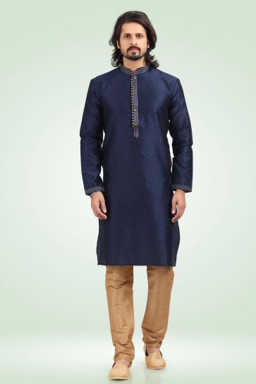 Jacquard Banarasi Silk Fabric Attractive Readymade Kurta Pyjama For Men In Navy Blue Color