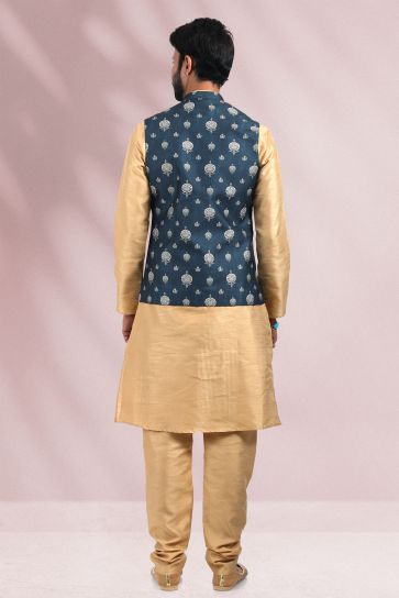 Blue Color Reception Wear Readymade Banarasi Silk Fabric Kurta Pyjama For Men With Printed Jacket