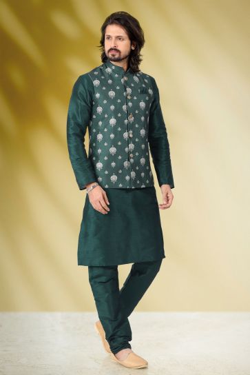 Banarasi Silk Fabric Function Wear Readymade Green Color Kurta Pyjama For Men With Printed Jacket