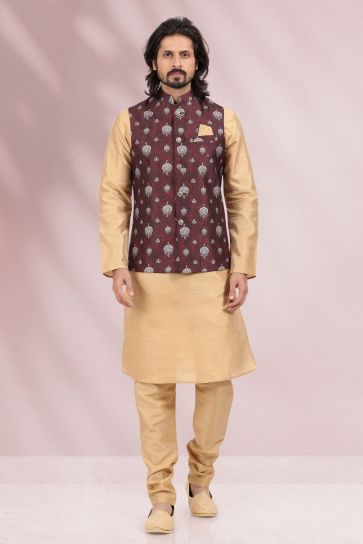 Wine Color Banarasi Silk Fabric Festive Wear Readymade Kurta Pyjama For Men With Printed Jacket