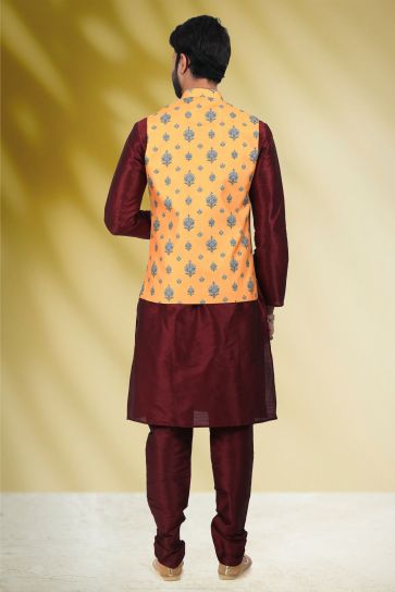 Banarasi Silk Fabric Yellow Color Sangeet Wear Readymade Kurta Pyjama For Men With Printed Jacket