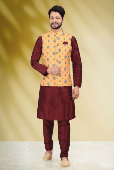 Banarasi Silk Fabric Yellow Color Sangeet Wear Readymade Kurta Pyjama For Men With Printed Jacket