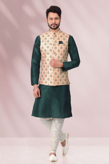 Peach Color Banarasi Silk Fabric Function Wear Readymade Kurta Pyjama For Men With Printed Jacket