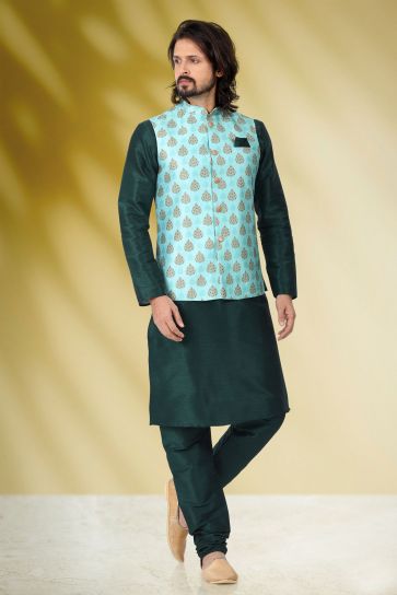 Banarasi Silk Fabric Cyan Color Festive Wear Trendy Readymade Men Kurta Pyjama With Printed Jacket