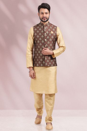 Brown Color Sangeet Wear Banarasi Silk Fabric Designer Readymade Kurta Pyjama For Men With Printed Jacket