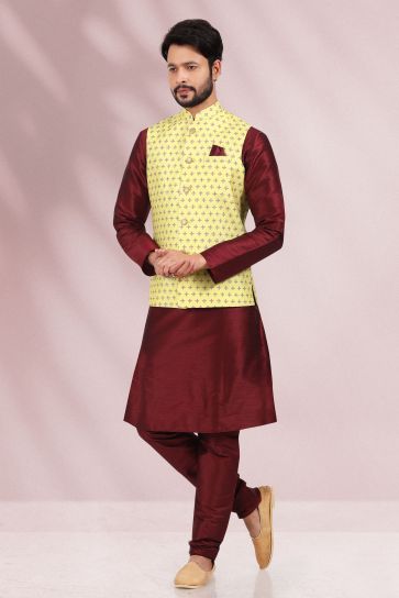 Yellow Color Engaging Banarasi Silk Fabric Festive Wear Readymade Kurta Pyjama For Men With Printed Jacket