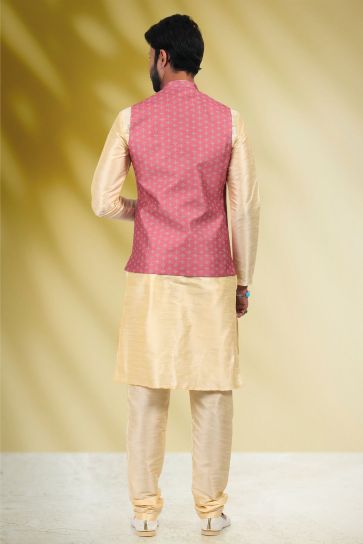 Pink Color Banarasi Silk Fabric Festive Wear Captivating Readymade Kurta Pyjama For Men With Printed Jacket