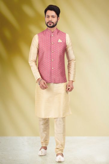 Pink Color Banarasi Silk Fabric Festive Wear Captivating Readymade Kurta Pyjama For Men With Printed Jacket