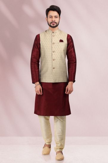 Fetching Cream Color Banarasi Silk Fabric Sangeet Wear Readymade Kurta Pyjama For Men With Printed Jacket