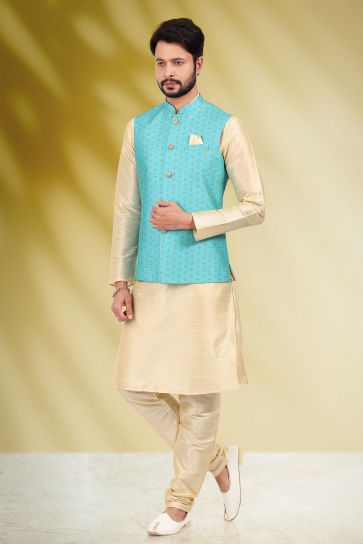 Cyan Color Gorgeous Banarasi Silk Fabric Wedding Wear Readymade Kurta Pyjama For Men With Printed Jacket