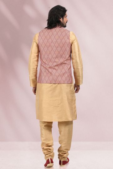 Maroon Color Banarasi Silk Fabric Reception Wear Striking Readymade Kurta Pyjama For Men With Printed Jacket