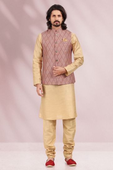 Maroon Color Banarasi Silk Fabric Reception Wear Striking Readymade Kurta Pyjama For Men With Printed Jacket