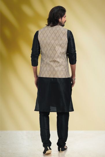 Beige Color Stunning Banarasi Silk Fabric Function Wear Readymade Kurta Pyjama For Men With Printed Jacket