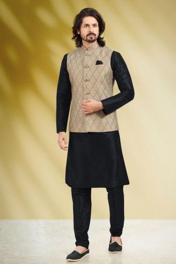 Beige Color Stunning Banarasi Silk Fabric Function Wear Readymade Kurta Pyjama For Men With Printed Jacket