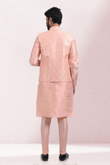 Banarasi Silk Fabric Sangeet Wear Trendy Readymade Kurta Pyjama For Men With Peach Color Jacket Set