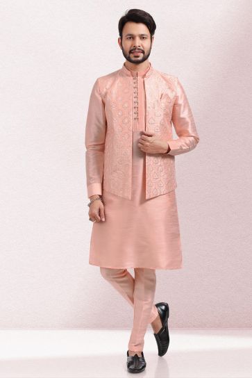 Banarasi Silk Fabric Sangeet Wear Trendy Readymade Kurta Pyjama For Men With Peach Color Jacket Set