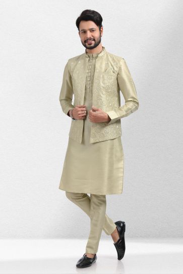 Banarasi Silk Fabric Wedding Wear Readymade Designer Men Kurta Pyjama With Sea Green Color Jacket