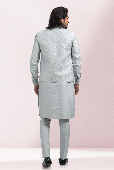 Gorgeous Banarasi Silk Fabric Reception Wear Readymade Kurta Pyjama For Men With Grey Color Jacket