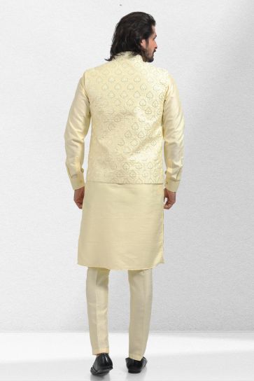 Banarasi Silk Fabric Stunning Function Wear Readymade Men Kurta Pyjama With Yellow Color Jacket