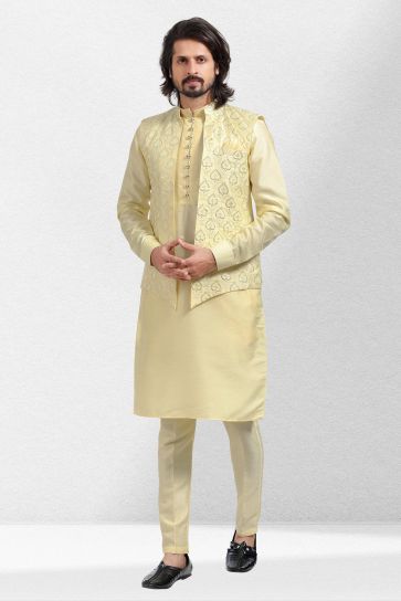 Banarasi Silk Fabric Stunning Function Wear Readymade Men Kurta Pyjama With Yellow Color Jacket