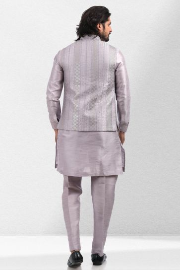 Gorgeous Banarasi Silk Fabric Function Wear Readymade Kurta Pyjama For Men With Lavender Color 3 Pcs Jacket Set