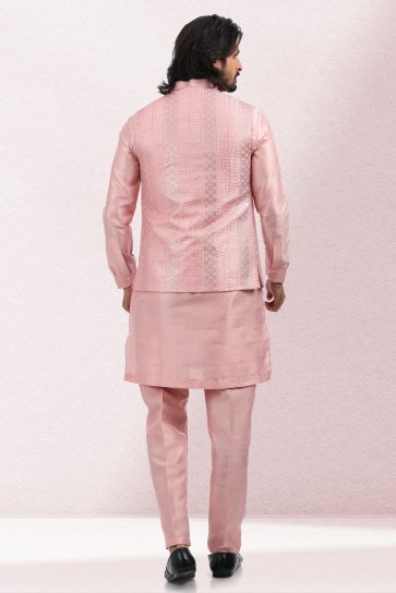 Banarasi Silk Fabric Festive Wear Readymade Stunning Kurta Pyjama For Men With Pink Color 3 Pcs Jacket Set