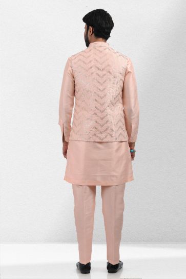 Sangeet Wear Readymade Lovely Banarasi Silk Fabric Kurta Pyjama For Men With Peach Color 3 Pcs Jacket Set
