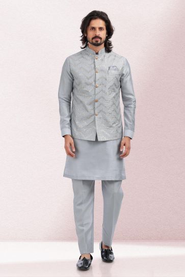 Banarasi Silk Fabric Wedding Wear Readymade Pretty Kurta Pyjama For Men With Grey Color 3 Pcs Jacket Set