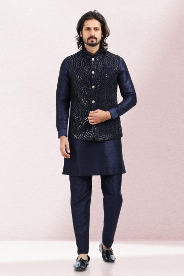 Moss Banarasi Silk Fabric Readymade Men Kurta Pyjama Navy Blue Color Jacket Set