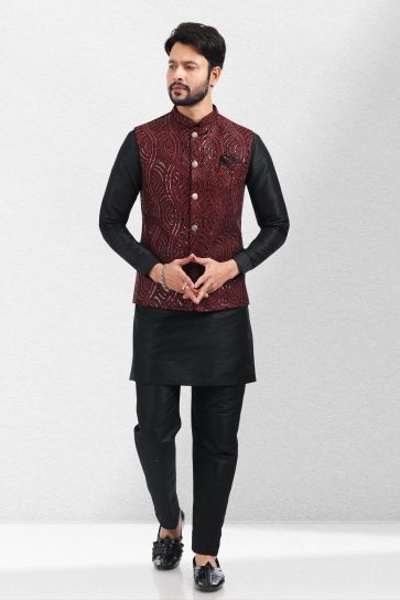 Wine Color Banarasi Silk Fabric Readymade Men Ethnic Kurta Pyjama With Jacket