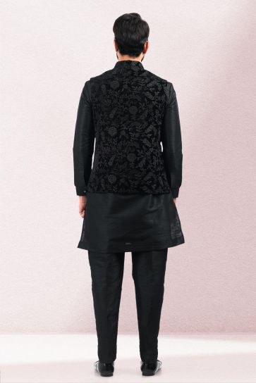 Black Color Banarasi Silk Fabric Designer Long Readymade Kurta Pyjama With Jacket