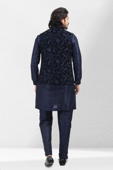 Banarasi Silk Fabric Function Wear Readymade Men Kurta Pyjama With Navy Blue Color Jacket