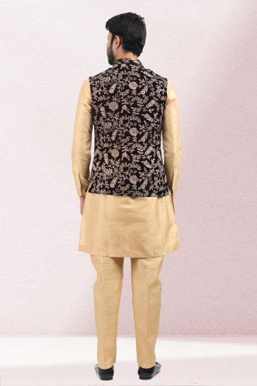 Banarasi Silk Fabric Festive Wear Readymade Men Kurta Pyjama With Wine Color Stylish Jacket 