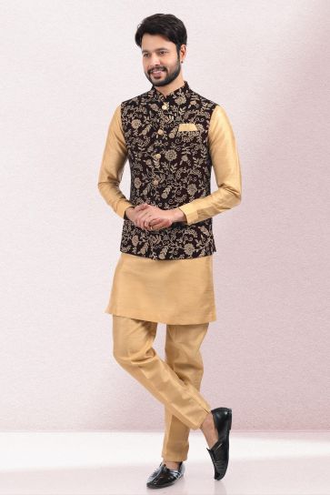Banarasi Silk Fabric Festive Wear Readymade Men Kurta Pyjama With Wine Color Stylish Jacket 